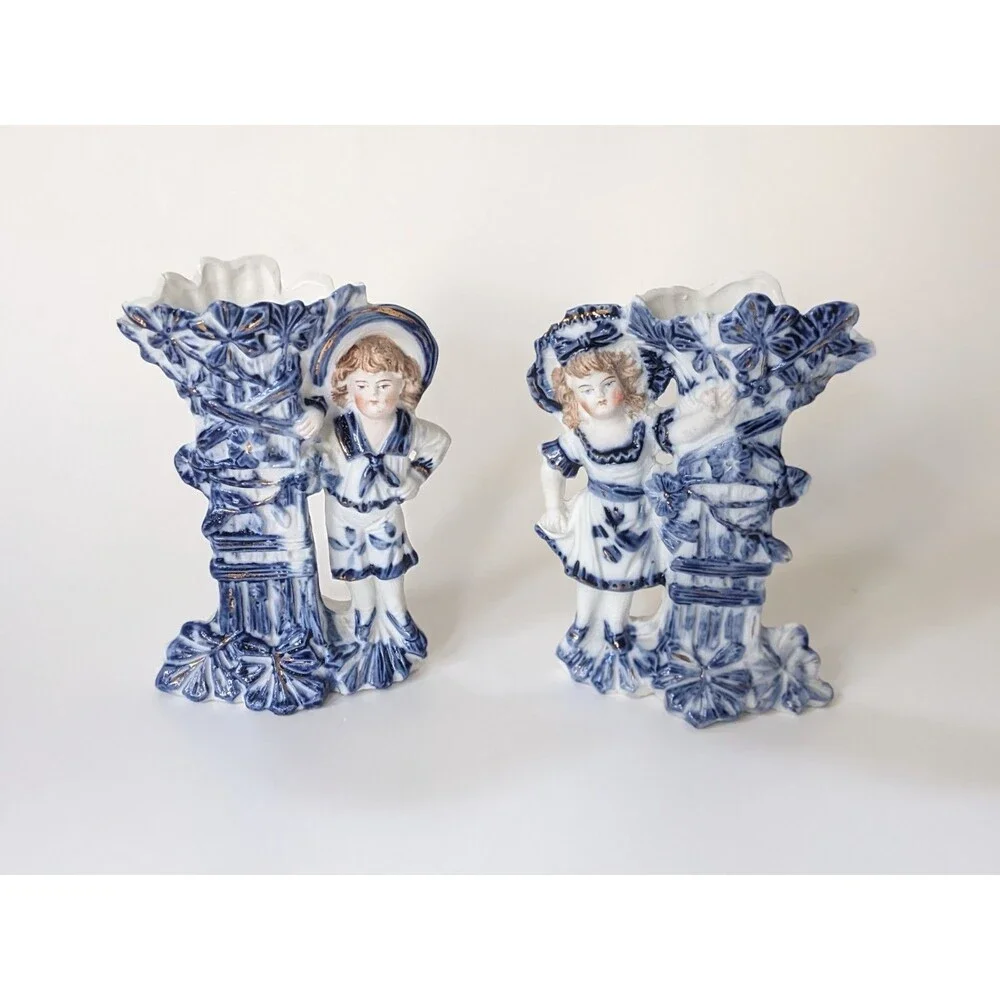 Antique German Mantel Vases Pair Boy Girl Blue White Porcelain Figurines‎ c1900